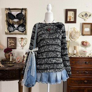 vintage twee girly grunge black and white striped sweater w floral detail and si